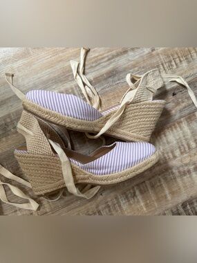 LOFT Lavender and White Striped Espadrille Wedge Sandals